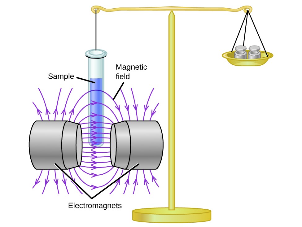 The image shows a Gouy balance that compares the mass of a sample in the presence of a magnetic field with the mass with the electromagnet turned off. The sample is placed in a test tube that is suspended between two electromagnets with an electric field. Weights are suspended on the other side of the balance.