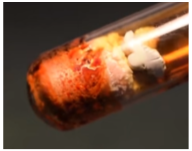 Close up of the bottom part of a test tube which shows a brown and white solid. 
