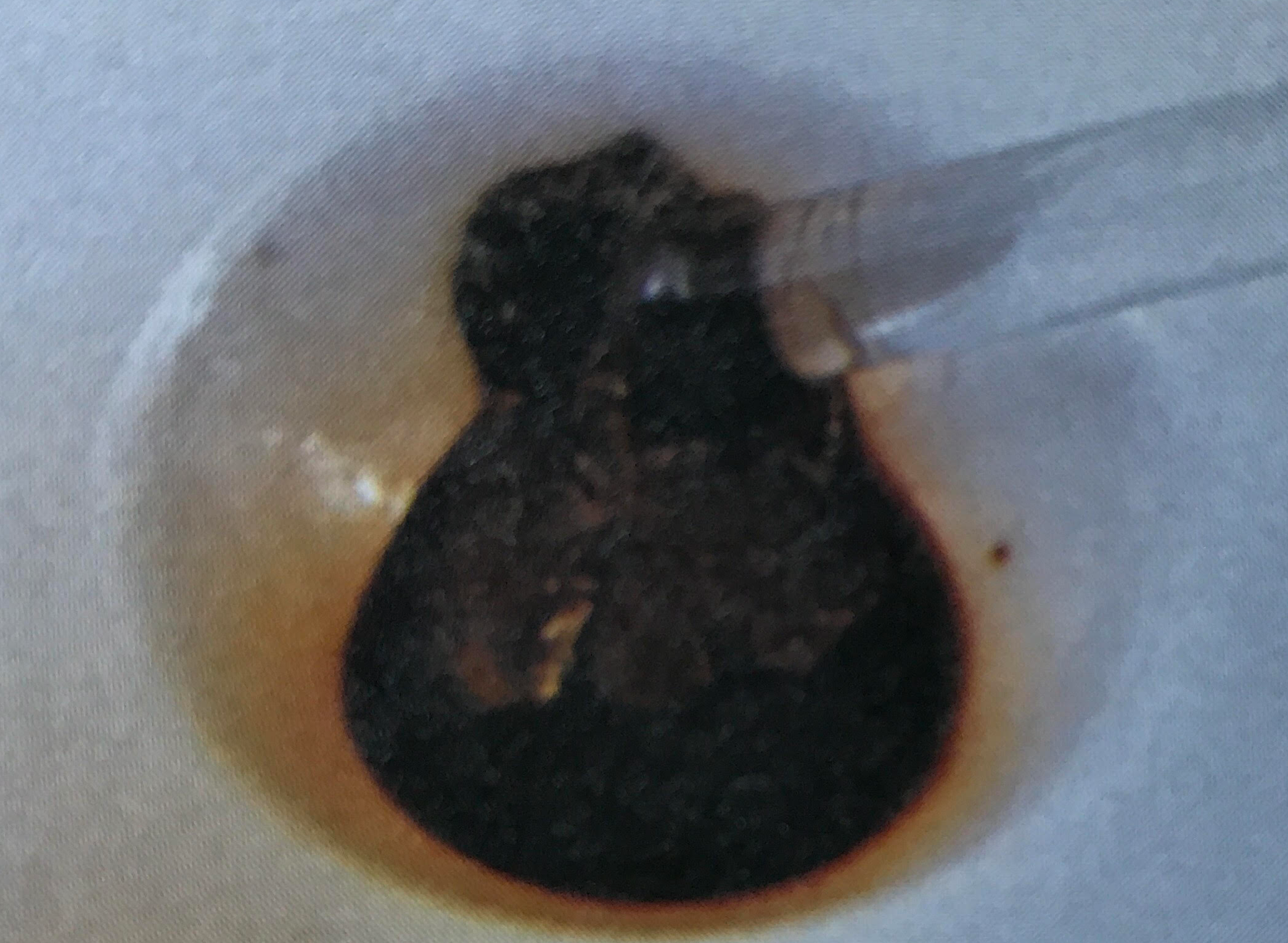 Glass rod mixes deep brown mixture now partially solidifying. 