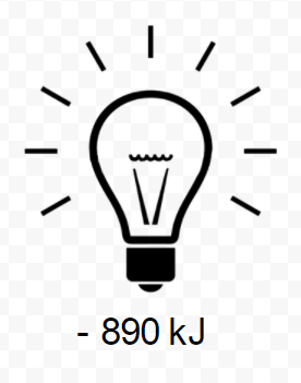 Drawing of a light bulb shining. Below the light bulb is the value - 890 kilojoules. 