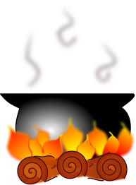 Drawing of a pot resting on a flame from burning wood. 