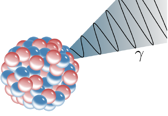 A nuclues is densely packed with many small red and blue spheres. Gamma rays are represented by a oscillating wave. 