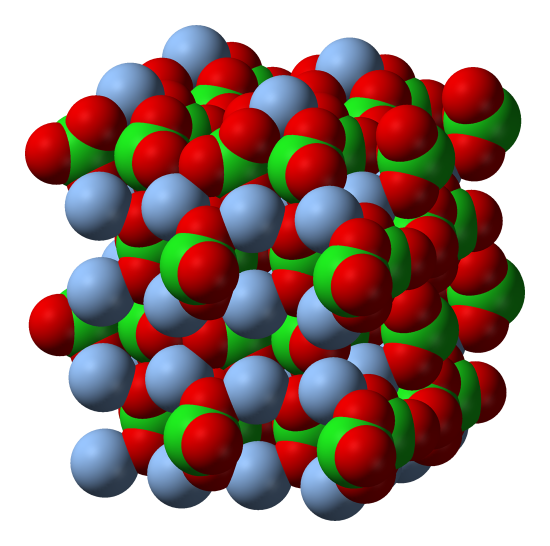 The three dimensional lattice of silver chlorate is complex because each silver sphere arranged in a regular cubic lattice is connected to a one green sphere which is connected to three red spheres. 