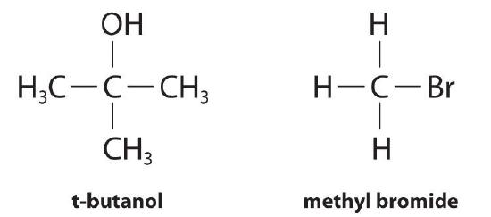 Chemical structure diagram of t-butanol and methyl bromide.