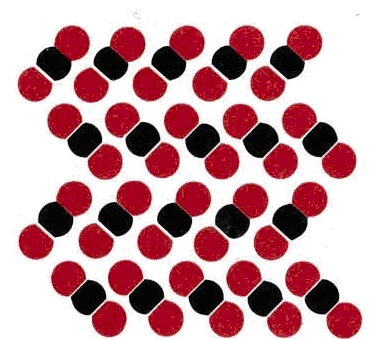 A repeating structure of mercury bromide represented by different colored circles. Two red circles of bromine is attached to each black circle which represents mercury.