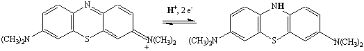 Methylene blue reacts reversibly 3 hydronium ions to form the colorless reduced form.