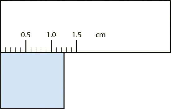 a ruler graduated to every 0.1 cm. A square is underneath with edge length between 1.2 and 1.3 cm