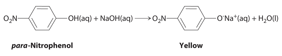 Chemical equation showing conversion of para-nitrophenol to its yellow-colored form with aqueous sodium hydroxide.