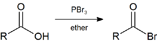 Reaction diagram. Adding phosphorus tribromide to carboxylic acid in ether forms an acyl bromide.