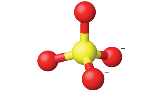 A structure is shown in which a sulfur atom is bonded to four oxygen atoms in a tetrahedral arrangement. Two of the oxygen atoms have a negative charge.