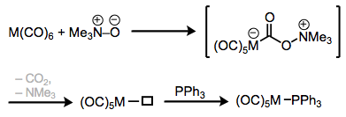 Ligand substitution with the help of trimethylamine oxide.