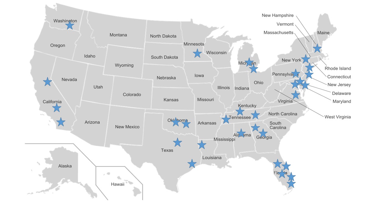 Map of the United States with locations that offer proton therapy marked with stars.