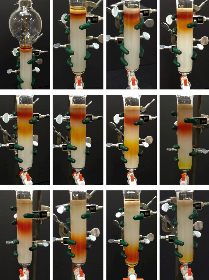 12 fotos que muestran el proceso de cómo se purifica una mezcla de ferroceno y acetilferroceno.