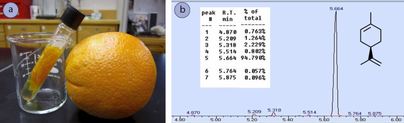 Dos imágenes etiquetadas A y B. A es una naranja con un vial de corteza de naranja suspendido en una solución transparente, diclorometano, junto a ella. B es el espectro de cromatografía de gases del aceite naranja.