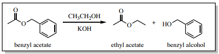  Benzyl acetate reacts with ethanol and potassium hydroxide to produce ethyl acetone and benzyl alcohol.