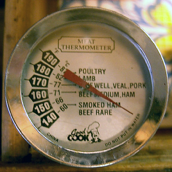A meat thermometer with a dial, with a Fahrenheit outer scale and a Celsius inner scale.