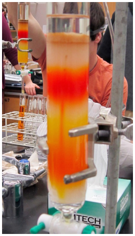  A broken pipette causes a vertical line to form between the distinct layers, mixing the colors.