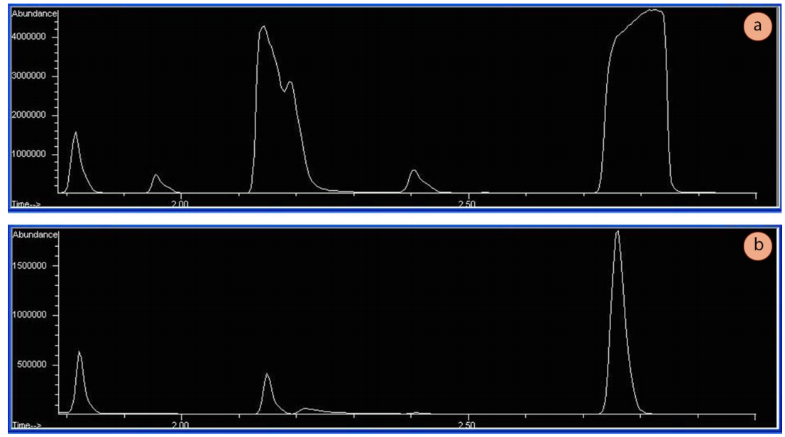Espectros GC con muestras sobrecargadas y diluidas