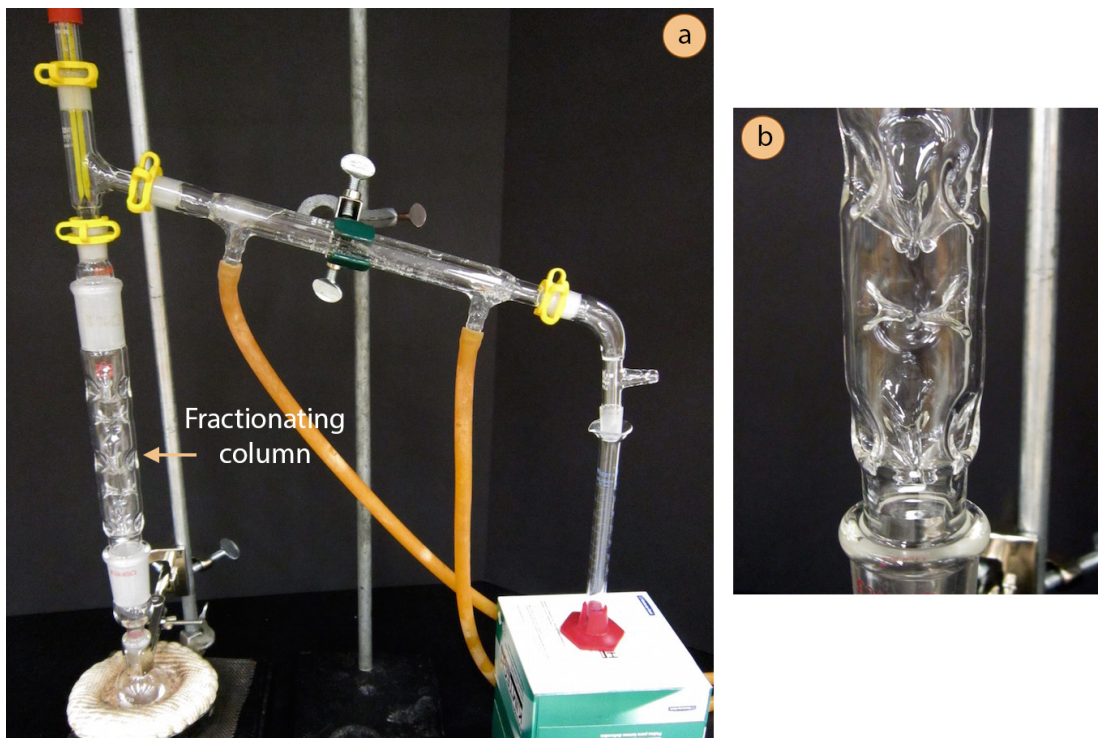  A: Distillation apparatus with fractionating column attached. B: Closeup of fractionating column.