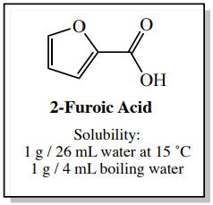 La solubilidad del ácido 2-furoico es de un gramo en 26 mililitros de agua a 15 grados Celsius. 1 gramo es soluble en 4 mililitros de agua hirviendo.