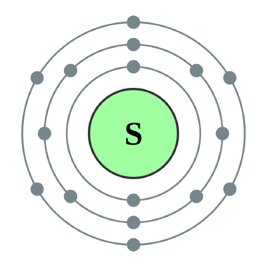 Sulfur with the first two shells filled and 6 valence electrons in the outer shell.