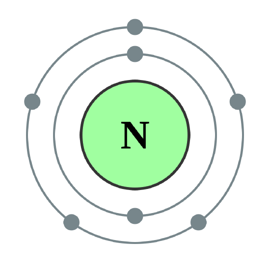 Nitrogen with two electrons in the first shell and 5 valence electrons in the second shell.