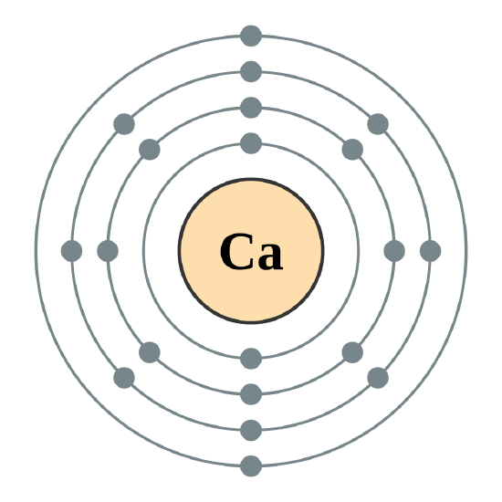 Calcium with the first three rings filled, and 2 valence electrons in the outer shell.