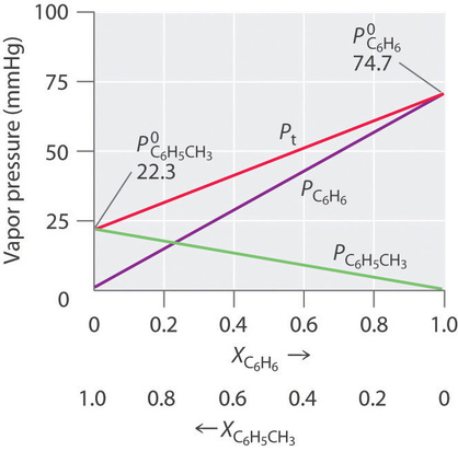 Graph of vapp pressure in mmHg against benzene and toulen mole fractions. Benzene mole fractions increase from left to right while toluene mole fractions decrease from left to right on the x axis. 