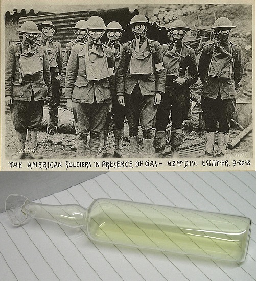 Old photograph of American soldiers wearing gas masks due to chlorine gas exposure. Below the photograph is a modern photograph of contained chlorine gas.