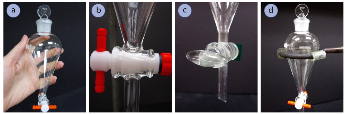  Four pictures showing the parts of a separatory funnel lettered a through d. a) whole separatory funnel. b) the stopcock components in the correct order. c) glass stopcock. d) the separatory funnel placed in a cushioned ring clamp. 