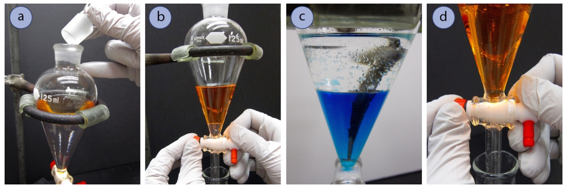 Four images lettered a through d. a) the stopper is removed from the separatory funnel. b) The stopcock on the separatory funnel is open with orange liquid draining into an Erlenmeyer flask. c) A separatory funnel with blue liquid and an active stirring rod. d) Stopcock being closed on the separatory funnel.