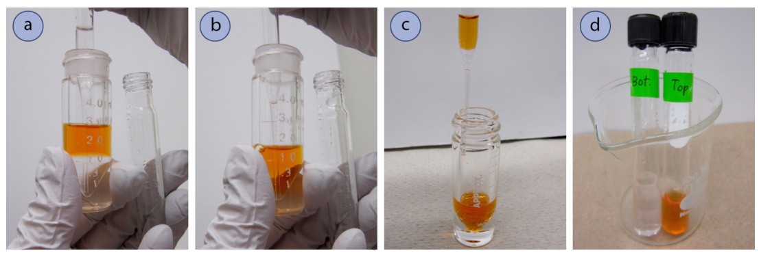 Four images lettered a through d. a and b: A conical vial with an orange layer on top and a clear layer on the bottom. A pipette extracts clear liquid from the bottom layer. c: A pipette extracts residue from the orange layer of the conical vial. d: Two vials in a beaker. Left vial with clear liquid with a labeled "bottom." Right vial with orange liquid labeled "top."