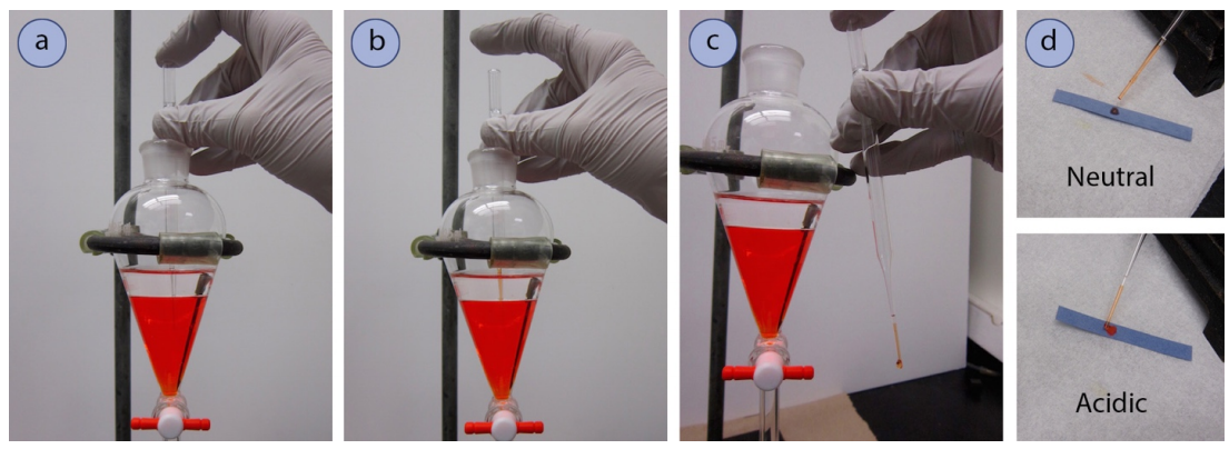   A: funnel with red liquid. A gloved hand inserts a small tube into the liquid with a finger pressed to the top of the tube, closing off the open end. B: finger removed from the top of the tube. A small amount of red fluid is drawn up into the tube C: The tube is removed from the solution, with the finger pressed to the top again. Red fluid is visible in the tube.