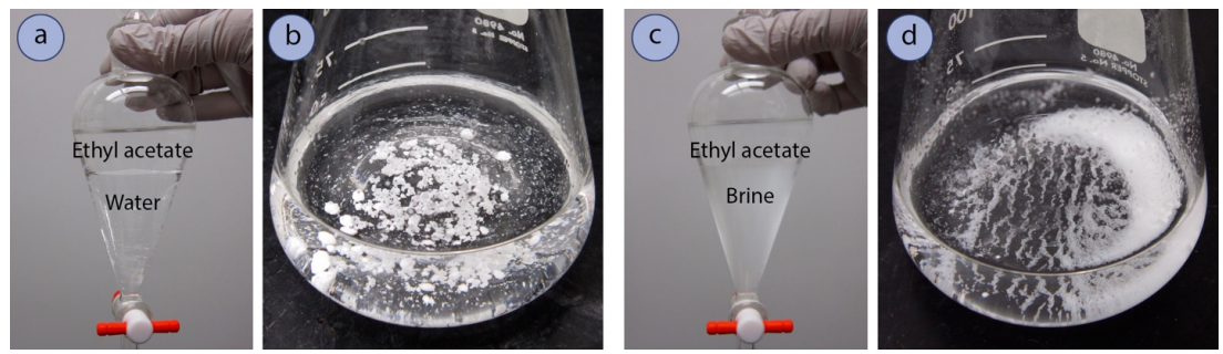   A: Two layers in a flask. Top layer is labelled ethyl acetate, bottom layer is labelled water. B: Close-up of flask with clear fluid and white powder in distinct clumps at the bottom. C: Flask with two layers of fluid. Top clear layer is labelled ethyl acetate, bottom layer is foggy and labelled brine. D: Close-up of flask with clear fluid and white powder spread evenly along the bottom.