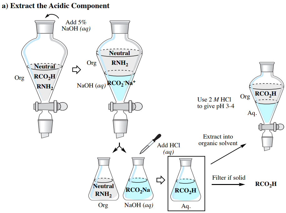 Título: Extraer el Componente Ácido. Primer dibujo: matraz con una sola capa orgánica, etiquetado como neutro, con RCO2H y RNH2 en solución. Se agrega hidróxido de sodio acuoso al 5%. Segundo dibujo: matraz con dos capas. La capa orgánica superior, etiquetada como neutra, contiene RNH2. La capa acuosa inferior contiene catión de sodio y anión RCO2 como sal. Las capas se separan en dos matraces. Se agrega ácido clorhídrico a la capa acuosa; se reforma RCO2H en la capa acuosa. Desde la RCO2H, hay dos caminos. La primera ruta está etiquetada como “extraer en disolvente orgánico”. Esta trayectoria conduce a un matraz con dos capas: la capa orgánica superior contiene RCO2H, y la capa acuosa inferior está vacía. El subtítulo dice “Use HCl 2M para dar pH 3-4". El otro camino está etiquetado como “filtrar si es sólido”, lo que lleva a RCO2H por sí mismo, no en solución.