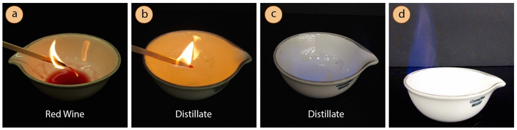  A: Flame held over a ceramic bowl of red wine. B: Flame held over ceramic bowl of clear distillate. C: Light blue flames inside bowl of clear distillate. D: Better view of flaming distillate.