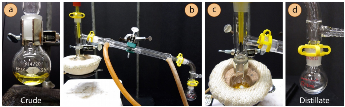  A: Close-up of small distilling flask with yellow fluid labelled "Crude". B: Distilling apparatus, with crude flask attached. C: Close-up of small distilling flask, showing that the crude liquid is darker. D: Close-up of clear fluid in receiving flask, labelled "distillate".