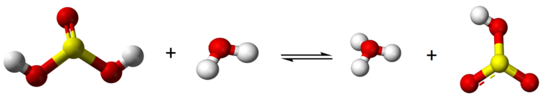 Ball and stick model of sulfurous acid reacting with water forming a hydronium ion and hydrogen sulfite.