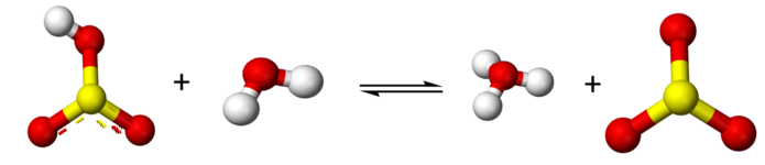 Ball and stick model of a hydrogen sulfite molecule reacting with a water molecule forming a hydronium ion and a sulfur trioxide molecule.