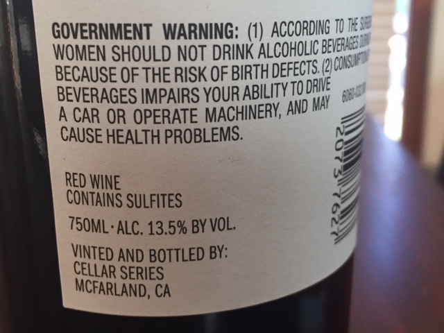 Example of a wine warning and label.