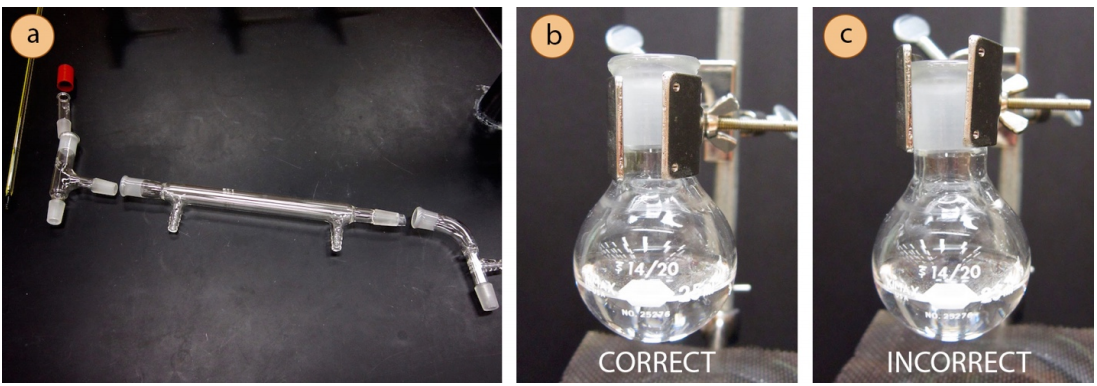  A: Distillation apparatus laid flat. B: Distillation flask clamped around the neck, labelled as correct. C: Distillation flask clamped above the neck, labelled as incorrect.