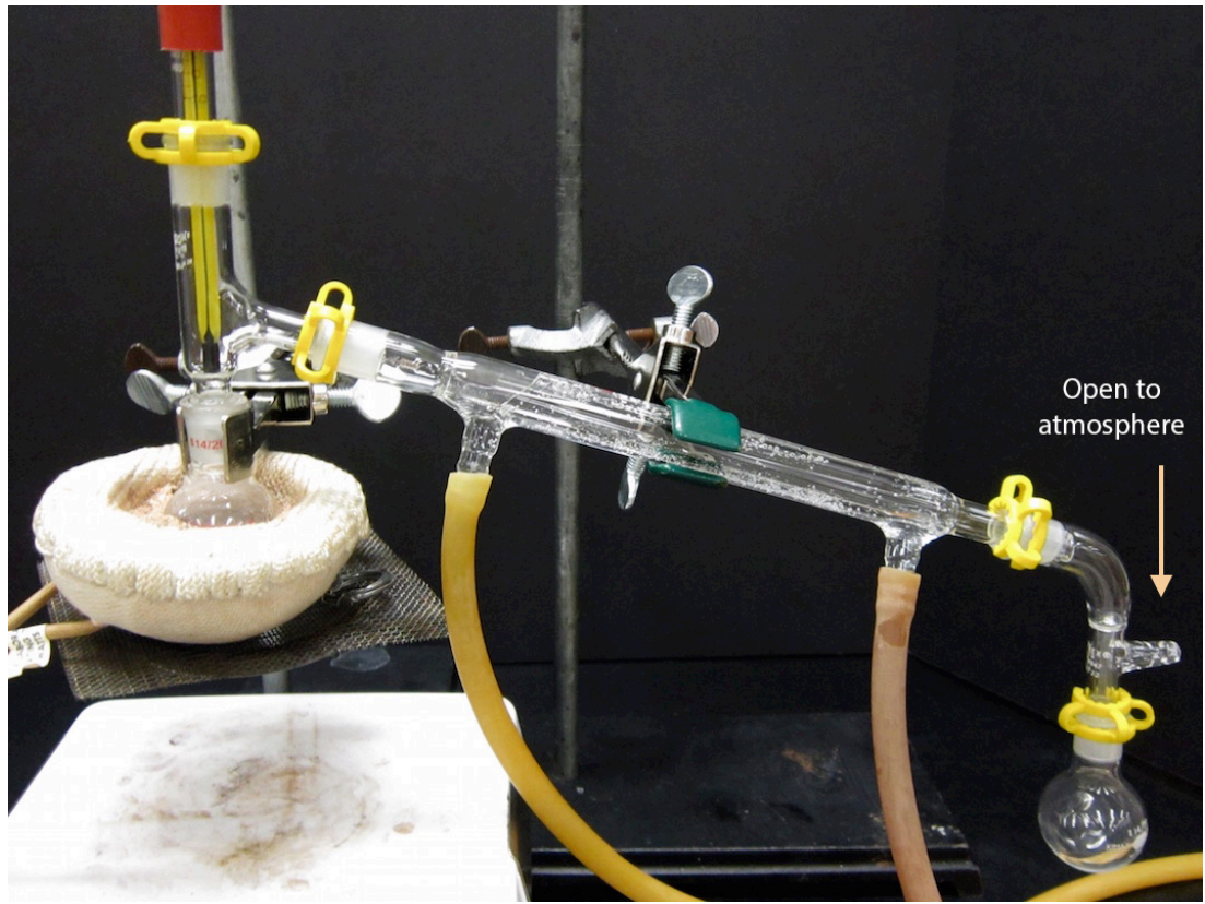  Completed distillation setup. At the end of the condenser, just before the receiving flask, an arrow indicates an output valve is open to the atmosphere.