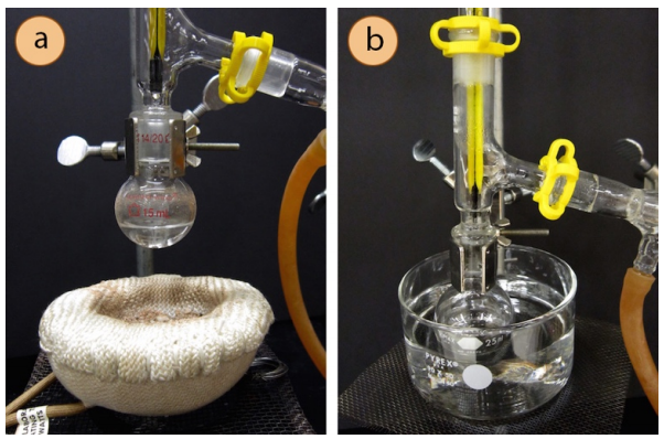  A: Distillation flask with heat source lowered. B: Distillation flask lowered into pool of cool water.