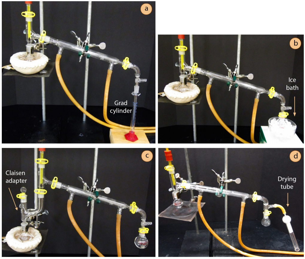  A: Distillation setup ending in graduated cylinder. B: Distillation setup ending in flask with ice bath. C: Distillation setup with Claisen adapter. D: Distillation setup with drying tube at end, before the receiving flask.