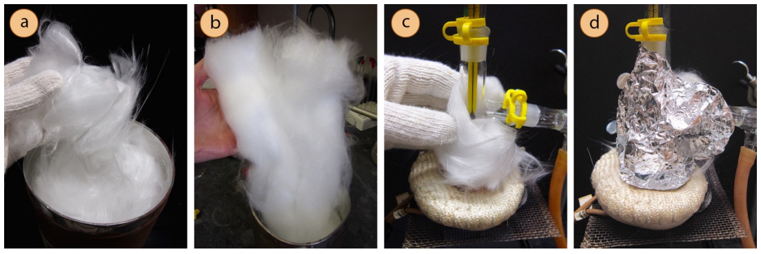  A: Gloved hand holding fibrous wool. B: Fluffy glass wool. C: Fibrous glass wool wrapped around the joint of distillation flask. D: Aluminum foil added on top of fibrous glass wool.