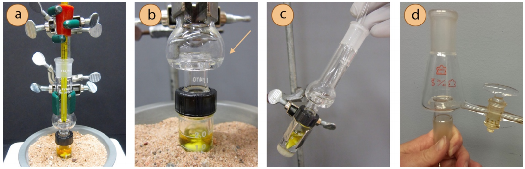  A: Microscale distillation with a Hickman head and thermometer. B: Closeup of Hickman head, showing liquid collected at the bottom of the bulb, below the lip. C: Pipette inserted into Hickman head to extract liquid from the lip. D: Variation on Hickman head with a side arm.