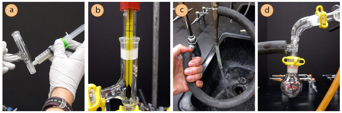  A: Gloved hands applying lube from a syringe onto a joint. B: Closeup of thermometer and joint attached. C: A hand holding a vacuum tube attached to a faucet at one end. Water flows through the faucet. The hand is pressing a thumb to the open end of the vacuum tube. D: Closeup of receiving flask with vacuum tube attached.