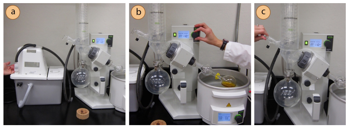  A: Rotary setup with water aspirator attached. A hand is flipping a switch on the side of the aspirator machine. B: Lab worker turning knob on rotary device. C: Lab worker closing stopcock.