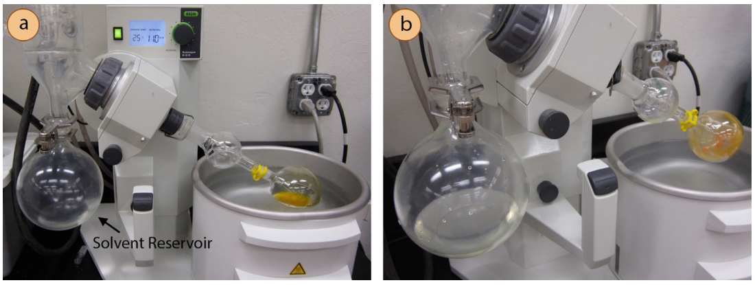  A: Rotary distillation setup. Arrow points to receiving flask, labelling it "Solvent Reservoir". B: Closeup of solvent reservoir with clear liquid inside.