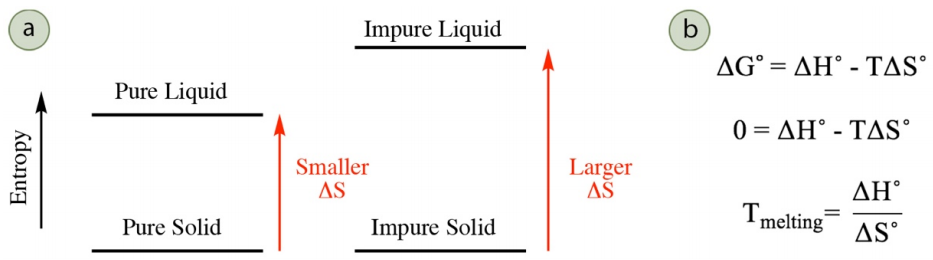 A: Diagrama de entropía. Los sólidos puros a los líquidos puros tienen un ΔS más pequeño que los sólidos impuros a los líquidos impuros. B: ΔG° = ΔH° - TΔS°. 0 se sustituye por ΔG°. Luego se reordena la ecuación para dar T (fusión) = ΔH°/ΔS°.